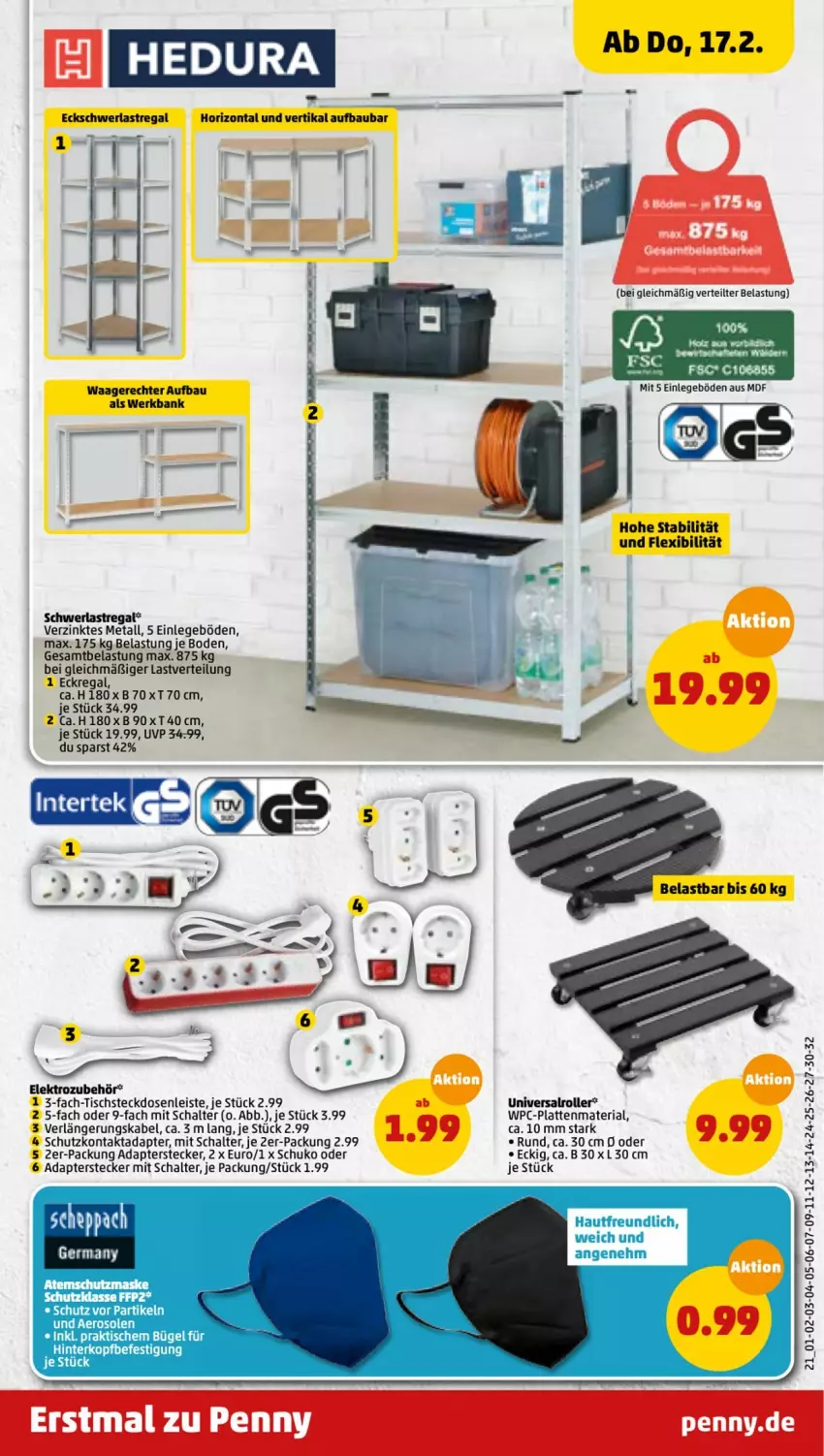 Aktueller Prospekt Penny - Prospekte - von 14.02 bis 19.02.2022 - strona 21 - produkty: adapter, Bank, Bau, bügel, Eckregal, eis, Elektro, FFP2, latte, regal, Ria, Roller, Schal, schwerlastregal, steckdose, Steckdosenleiste, Ti, tisch, Waage