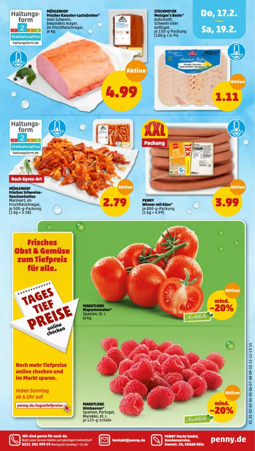 Aktueller Prospekt Penny - Prospekte - von 14.02 bis 19.02.2022 - strona 33 - produkty: aufschnitt, beere, beeren, braten, eis, fleisch, Geflügel, geschnetzeltes, gyros, himbeer, himbeere, himbeeren, Käse, kasseler, lachs, Lachsbraten, obst, regal, reis, rispentomaten, Schal, Schale, schwein, schweine, telefon, Ti, tiefpreis, tomate, tomaten, uhr, wein, weine, wiener, Zelt