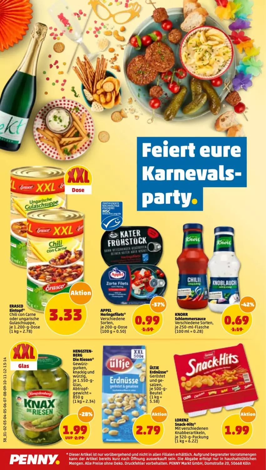 Aktueller Prospekt Penny - Prospekte - von 14.02 bis 19.02.2022 - strona 38 - produkty: beutel, chili, erdnüsse, filet, filets, fisch, fische, Fischer, flasche, gewürz, gulasch, Gulaschsuppe, gurke, gurken, hering, Herings, heringsfilets, lorenz, mac, ring, salz, sauce, Schere, schlemmersauce, snack, suppe, Ti