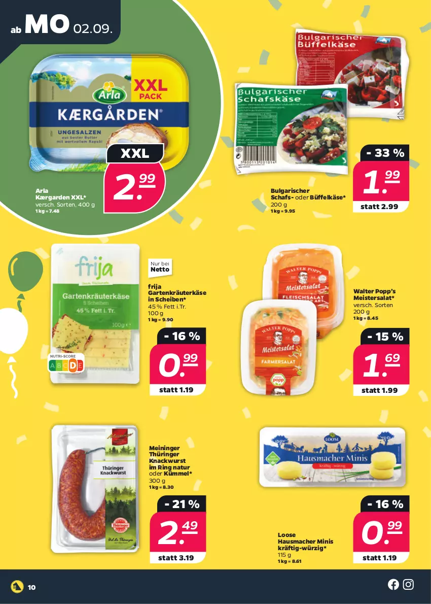 Aktueller Prospekt Netto - Woche 36 - von 02.09 bis 07.09.2024 - strona 10 - produkty: arla, eis, Garten, Hausmacher, Käse, kräuter, LG, Loose, mac, Meister, natur, Popp, ring, salat, Ti, wurst