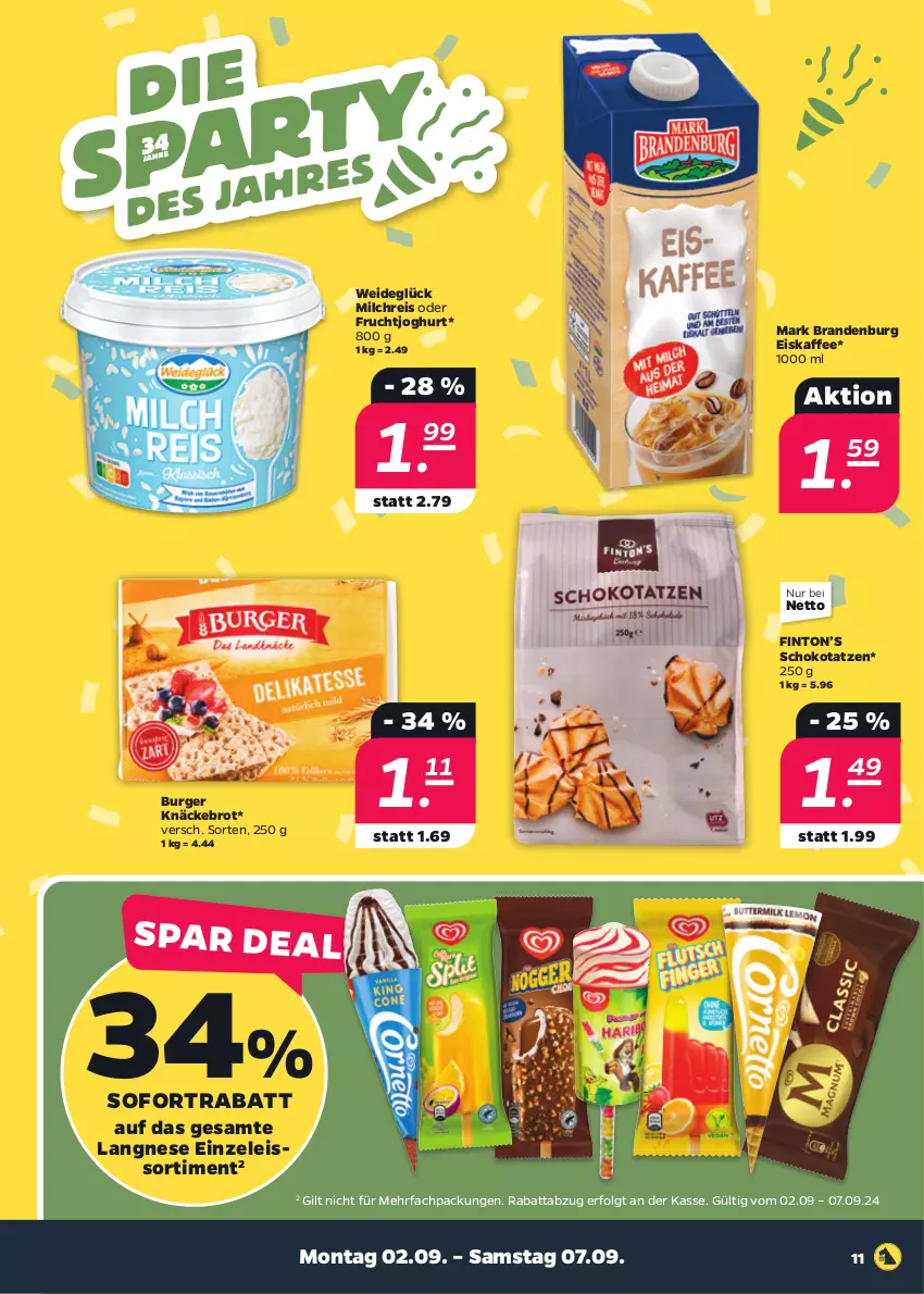 Aktueller Prospekt Netto - Woche 36 - von 02.09 bis 07.09.2024 - strona 11 - produkty: brot, burger, eis, eiskaffee, frucht, fruchtjoghurt, HP, joghur, joghurt, kaffee, knäckebrot, langnese, LG, milch, milchreis, reis, schoko, sofortrabatt, Ti