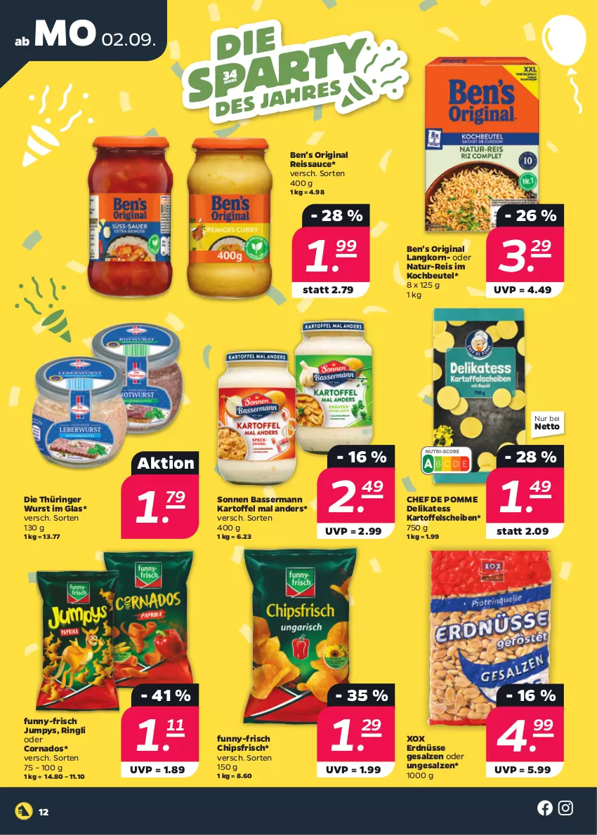 Aktueller Prospekt Netto - Woche 36 - von 02.09 bis 07.09.2024 - strona 12 - produkty: Ben’s Original, beutel, chips, chipsfrisch, eis, erdnüsse, funny-frisch, gin, kartoffel, kochbeutel, korn, natur, natur-reis, reis, reiss, ring, salz, sauce, Ti, wurst