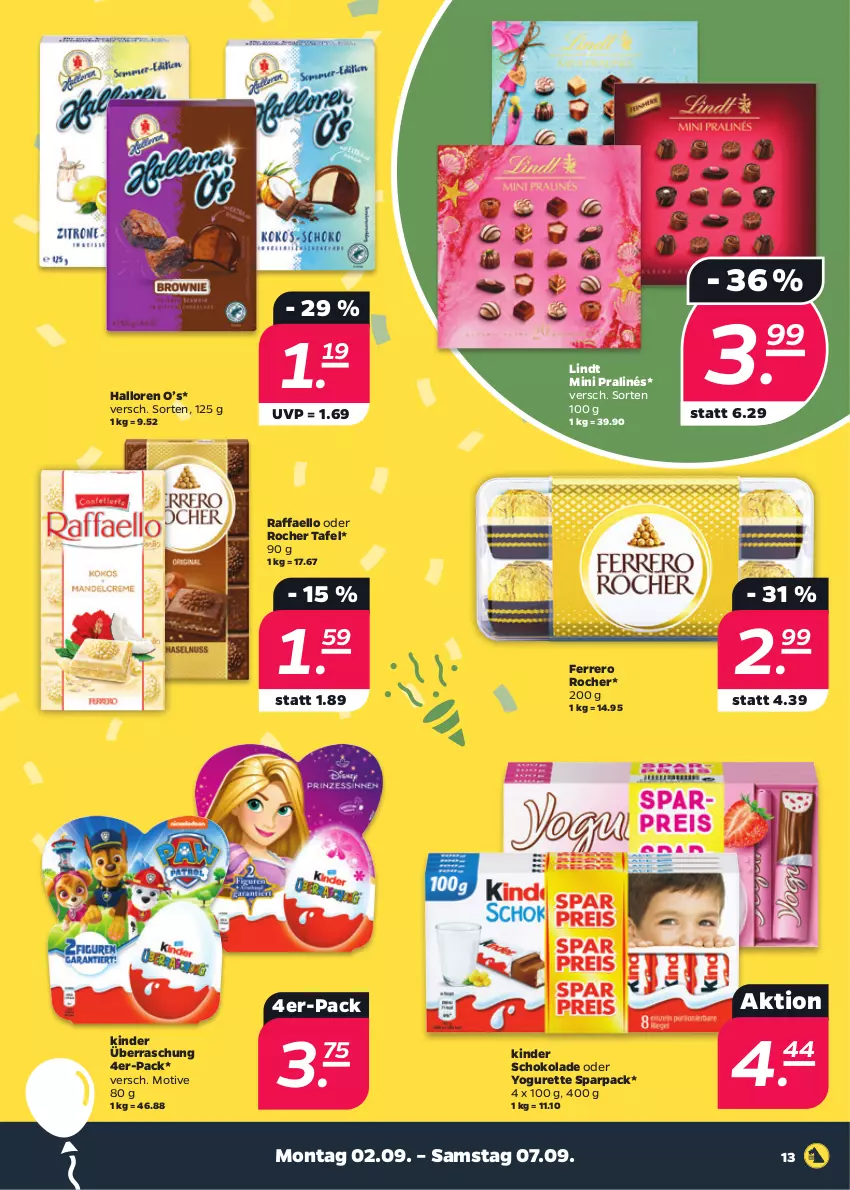 Aktueller Prospekt Netto - Woche 36 - von 02.09 bis 07.09.2024 - strona 13 - produkty: ferrero, Ferrero Rocher, Kinder, kinder schokolade, lindt, mini pralinés, oder yogurette, raffaello, schoko, schokolade, Ti, Yo, yogurette