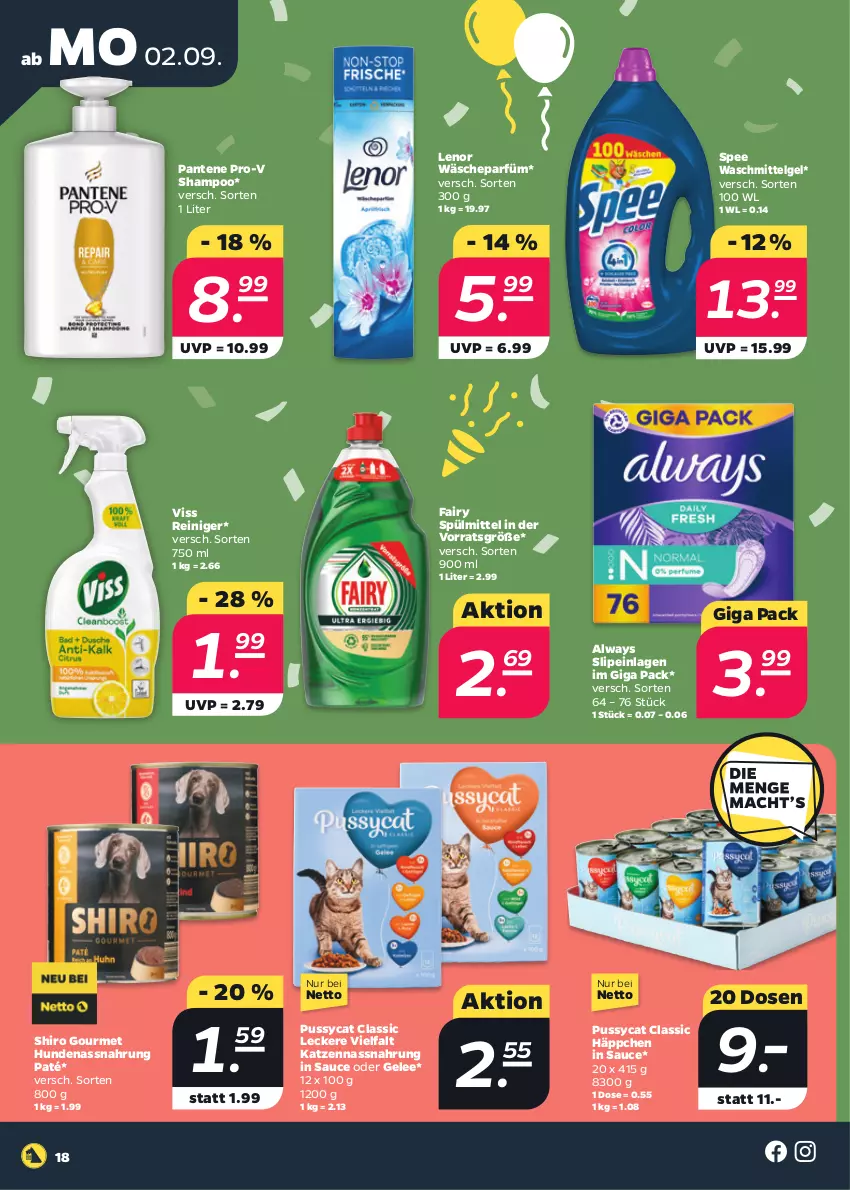 Aktueller Prospekt Netto - Woche 36 - von 02.09 bis 07.09.2024 - strona 18 - produkty: Alwa, Always, fairy, gelee, lenor, LG, Nassnahrung, pantene, pantene pro-v, pro-v, reiniger, sauce, shampoo, slip, slipeinlagen, spee, spülmittel, Ti, wäscheparfüm, waschmittel