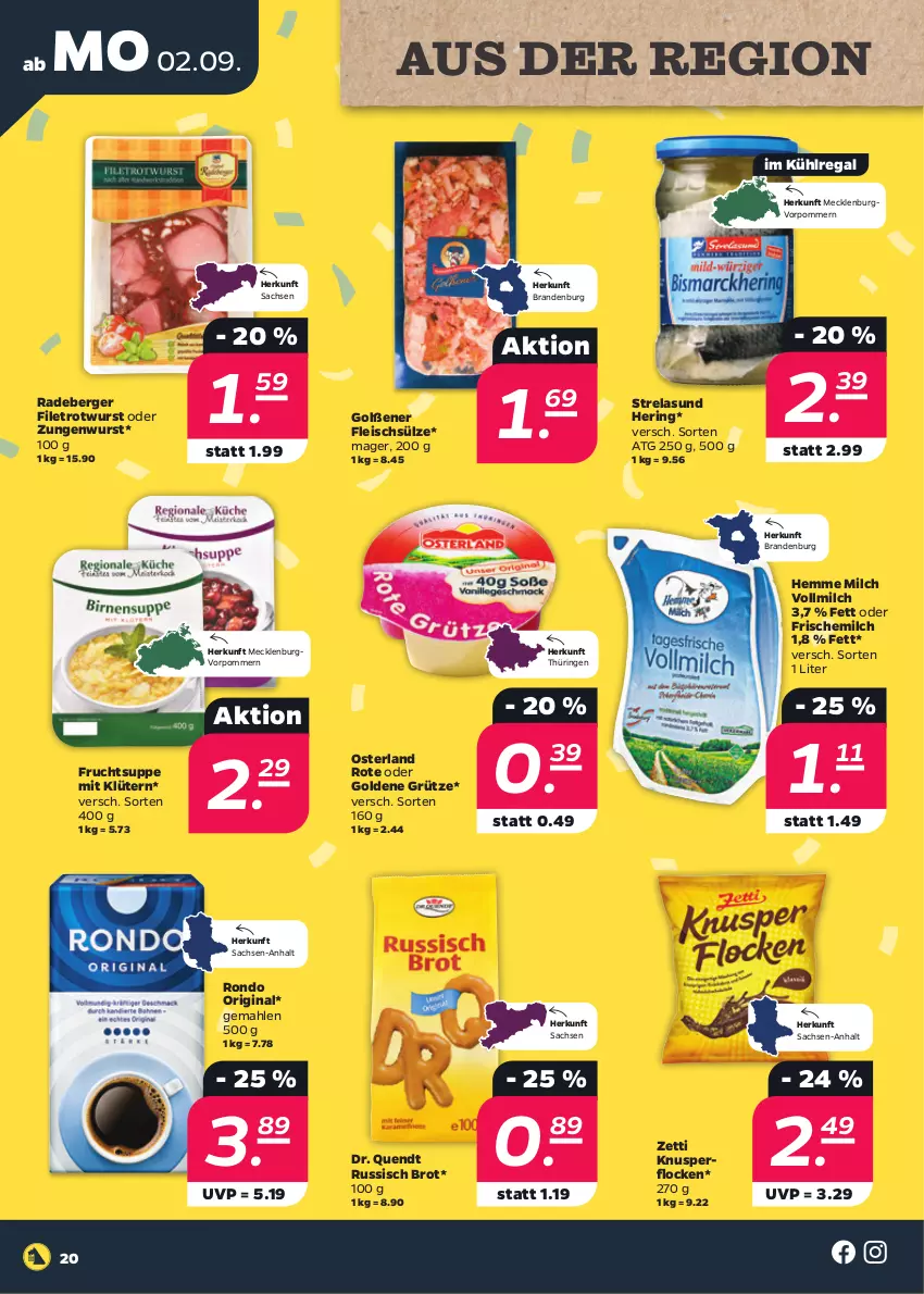 Aktueller Prospekt Netto - Woche 36 - von 02.09 bis 07.09.2024 - strona 20 - produkty: Berger, brot, eis, filet, fleisch, frucht, gin, grütze, hering, Knusperflocken, kühlregal, milch, radeberger, regal, rel, ring, Rotwurst, russisch brot, sac, suppe, Ti, vollmilch, wurst