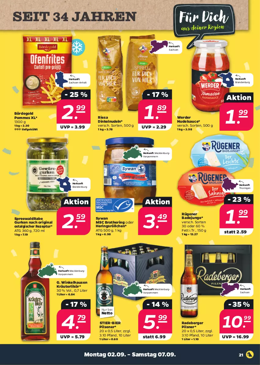 Aktueller Prospekt Netto - Woche 36 - von 02.09 bis 07.09.2024 - strona 21 - produkty: Bad, Berger, bier, erde, gin, gurke, gurken, hering, Herings, kräuter, kräuterlikör, LG, likör, nudel, nudeln, pils, pilsener, pilsner, pommes, radeberger, radeberger pilsner, rezept, riesa, ring, Rügener, rügener badejunge, sac, sauce, Stier, Ti, winkelhausen