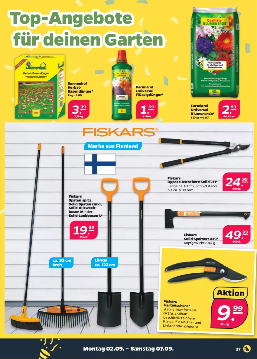 Aktueller Prospekt Netto - Woche 36 - von 02.09 bis 07.09.2024 - strona 27 - produkty: angebot, angebote, blume, blumen, blumenerde, Brei, dünger, erde, fiskars, flüssigdünger, Garten, Gartenschere, rasen, rasendünger, Schere, Spaten, Ti, top-angebot, weck