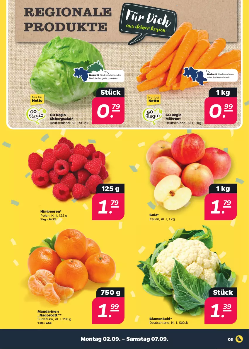 Aktueller Prospekt Netto - Woche 36 - von 02.09 bis 07.09.2024 - strona 3 - produkty: beere, beeren, blume, blumen, blumenkohl, eis, eisbergsalat, himbeer, himbeere, himbeeren, mandarine, mandarinen, möhren, sac, salat