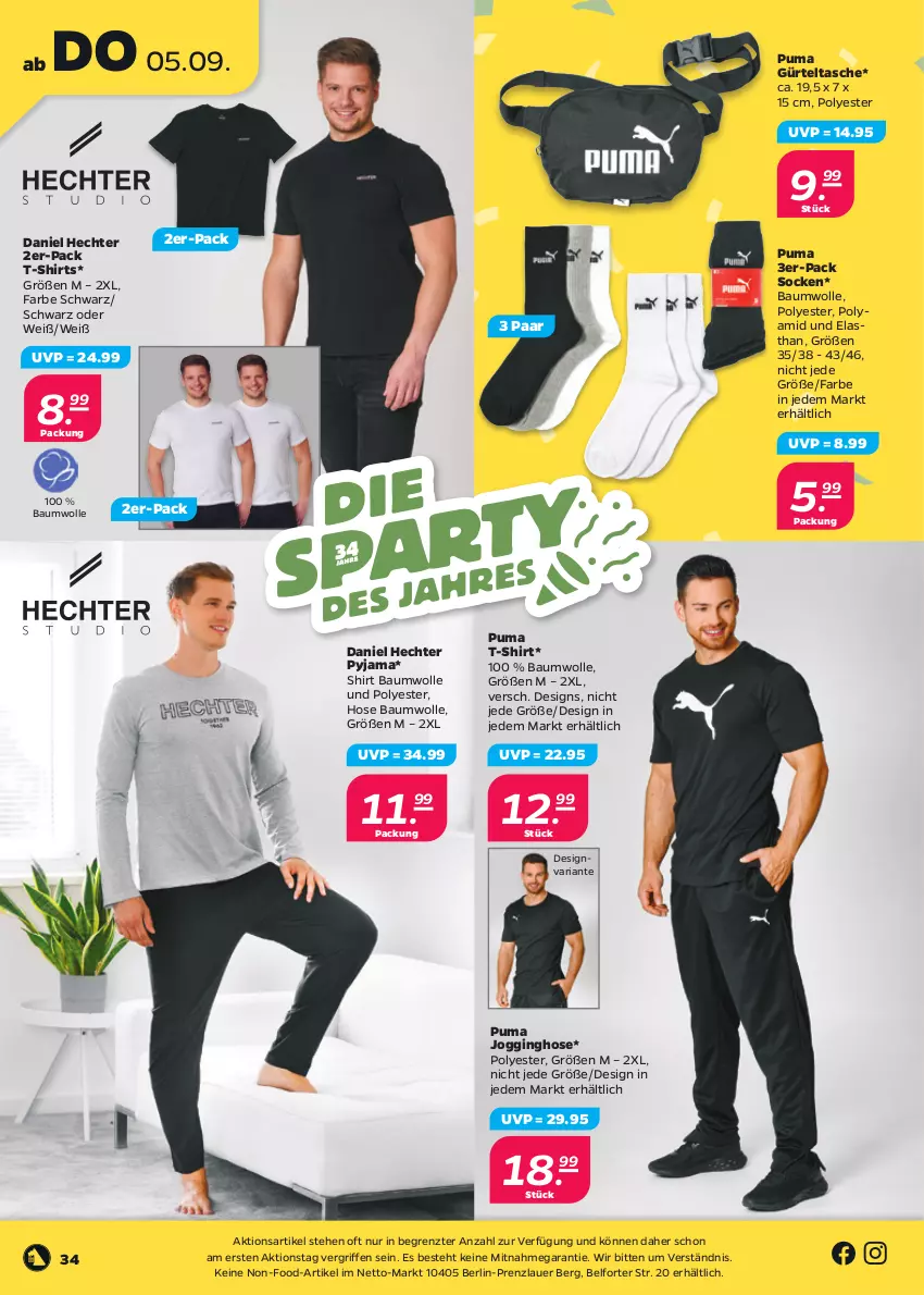 Aktueller Prospekt Netto - Woche 36 - von 02.09 bis 07.09.2024 - strona 34 - produkty: auer, Bau, baumwolle, gin, gürteltasche, hose, Jogginghose, puma, Pyjama, Ria, shirt, shirts, socken, T-Shirt, Tasche, Ti, wolle, ZTE