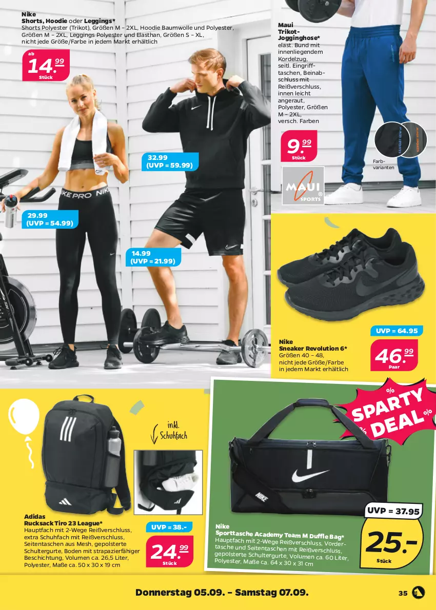 Aktueller Prospekt Netto - Woche 36 - von 02.09 bis 07.09.2024 - strona 35 - produkty: Adidas, Bau, baumwolle, beko, gin, hose, Jogginghose, leggings, Liege, Nike, orange, Ria, rucksack, sac, schultergurt, shorts, sneaker, Sport, sporttasche, Surf, Tasche, taschen, Ti, Trikot, wolle