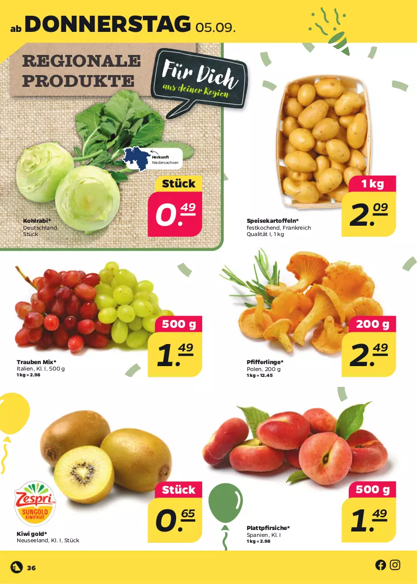 Aktueller Prospekt Netto - Woche 36 - von 02.09 bis 07.09.2024 - strona 36 - produkty: eis, Elan, kartoffel, kartoffeln, kiwi, Kiwi Gold, kohlrabi, Pfifferlinge, pfirsich, pfirsiche, plattpfirsiche, sac, speisekartoffeln, trauben