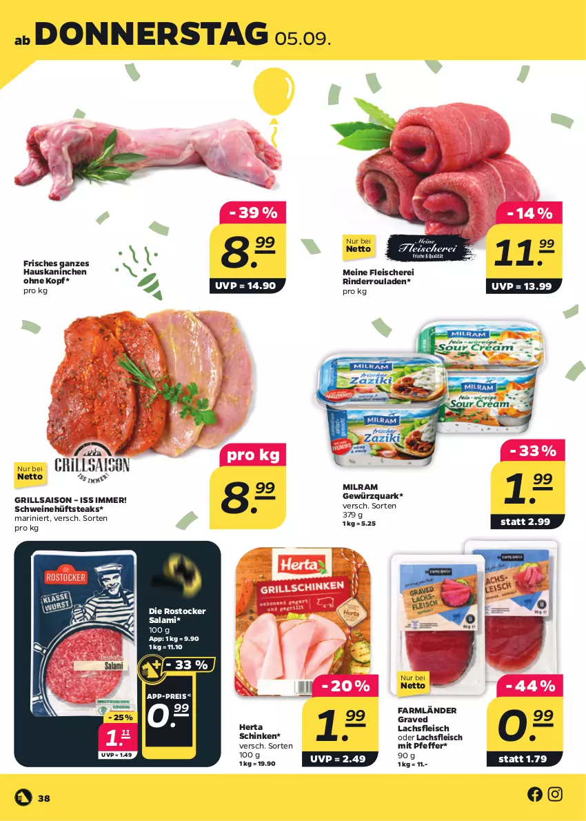 Aktueller Prospekt Netto - Woche 36 - von 02.09 bis 07.09.2024 - strona 38 - produkty: eis, fleisch, Fleischerei, gewürz, gewürzquark, Graved Lachs, grill, herta, hüftsteak, hüftsteaks, lachs, milram, pfeffer, quark, reis, rind, rinder, Rinderroulade, rinderrouladen, Rostocker, rouladen, salami, Schere, schinken, schwein, schweine, steak, steaks, wein, weine