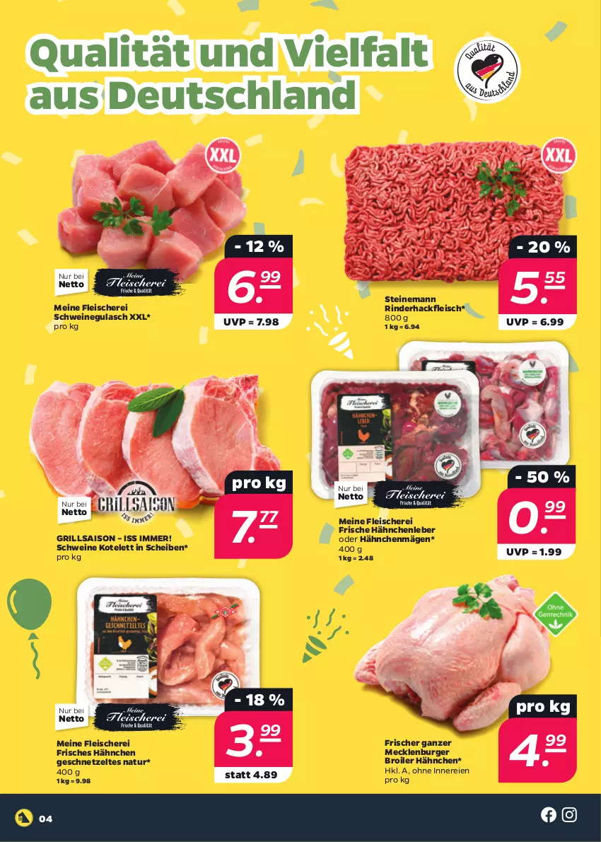 Aktueller Prospekt Netto - Woche 36 - von 02.09 bis 07.09.2024 - strona 4 - produkty: burger, eis, fleisch, Fleischerei, Frische Hähnchen, geschnetzeltes, grill, gulasch, hackfleisch, kotelett, natur, rind, rinder, rinderhackfleisch, Schere, schwein, schweine, schweinegulasch, wein, weine, Zelt