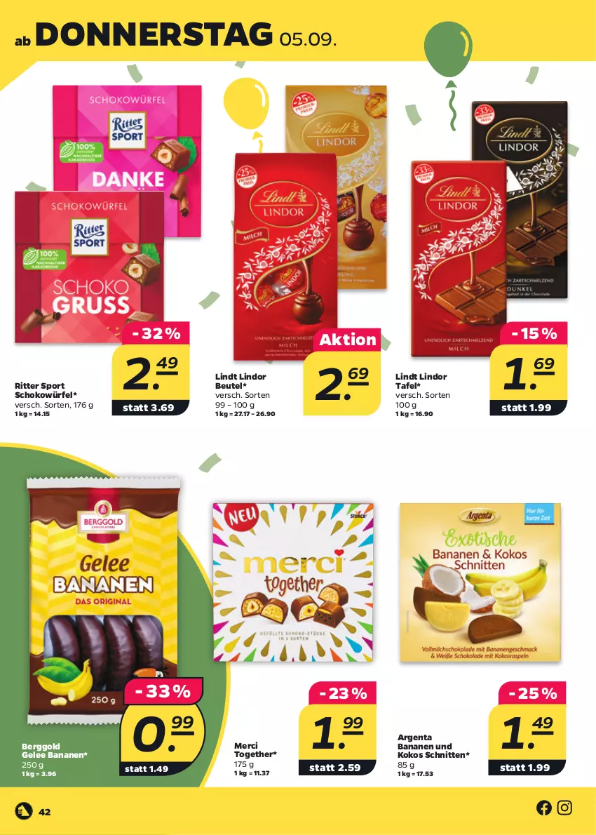 Aktueller Prospekt Netto - Woche 36 - von 02.09 bis 07.09.2024 - strona 42 - produkty: banane, bananen, beutel, gelee, kokos, lindor, lindt, merci, ritter, ritter sport, schnitten, schoko, schokowürfel, Sport, Ti, würfel