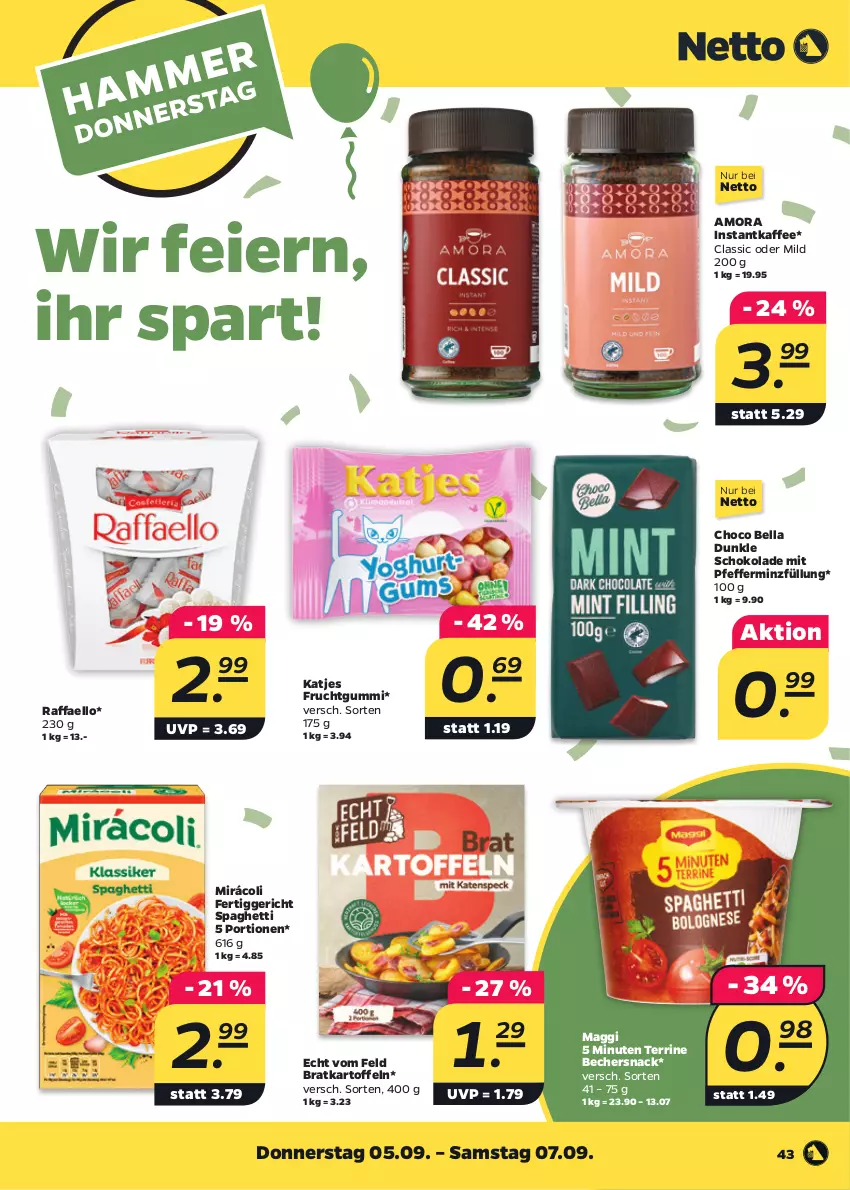 Aktueller Prospekt Netto - Woche 36 - von 02.09 bis 07.09.2024 - strona 43 - produkty: Becher, eier, fertiggericht, frucht, fruchtgummi, instantkaffee, kaffee, kartoffel, kartoffeln, katjes, maggi, Mirácoli, pfeffer, raffaello, schoko, schokolade, snack, spaghetti, terrine, Ti