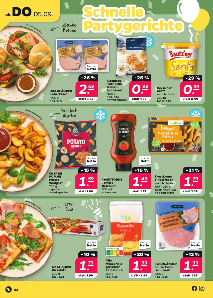 Aktueller Prospekt Netto - Woche 36 - von 02.09 bis 07.09.2024 - strona 44 - produkty: Bau, brötchen, elle, hinterkochschinken, Kaiser, Käse, ketchup, kochschinken, krone, leberkäs, leberkäse, mozzarella, pizza, rel, schinken, senf, Ti, tomato ketchup, wedges