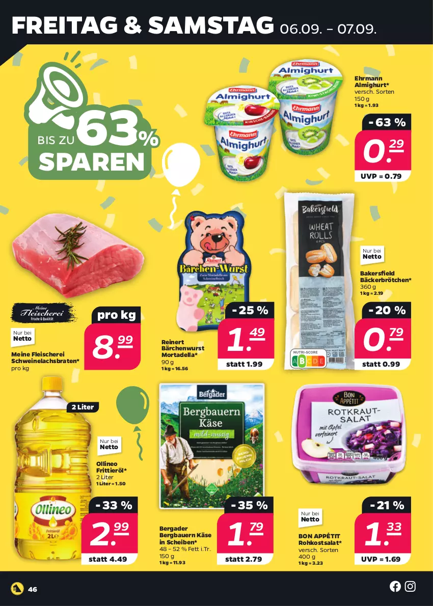 Aktueller Prospekt Netto - Woche 36 - von 02.09 bis 07.09.2024 - strona 46 - produkty: almighur, almighurt, auer, Bau, Bauer, bergader, braten, brötchen, dell, ehrmann, ehrmann almighurt, eis, fleisch, Fleischerei, Frittieröl, Käse, lachs, Lachsbraten, mortadella, reinert, salat, Schere, schwein, schweine, Schweinelachs, Ti, wein, weine, wurst