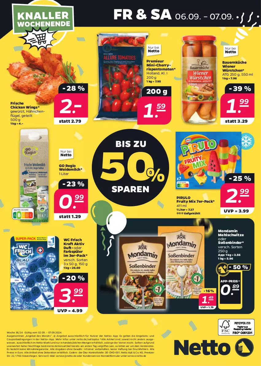 Aktueller Prospekt Netto - Woche 36 - von 02.09 bis 07.09.2024 - strona 48 - produkty: alle artikel ohne dekoration, angebot, auer, Bau, Bauer, chicken wings, coupon, dekoration, eis, elle, gewürz, hähnchenflügel, kraft, küche, mehl, milch, mondamin, reis, rispentomaten, Soße, Ti, tomate, tomaten, wc frisch, WC Frisch Kraft Aktiv, weidemilch, wiener, wiener würstchen, würstchen