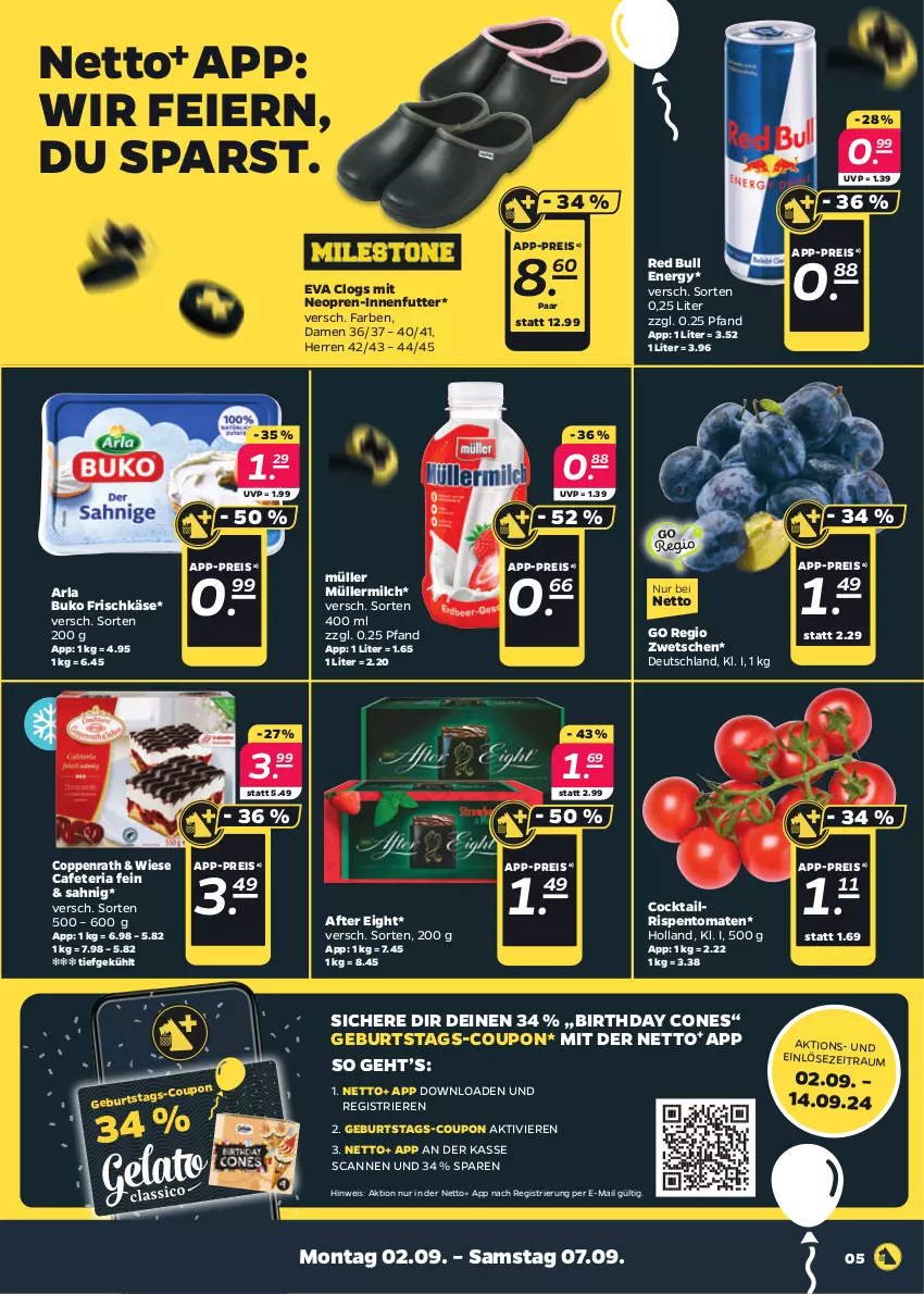 Aktueller Prospekt Netto - Woche 36 - von 02.09 bis 07.09.2024 - strona 5 - produkty: after eight, arla, arla buko, Buko, Clogs, cocktail, coppenrath, coupon, eier, eis, frischkäse, Käse, milch, Müller, müllermilch, red bull, reis, Ria, rispentomaten, Ti, tomate, tomaten