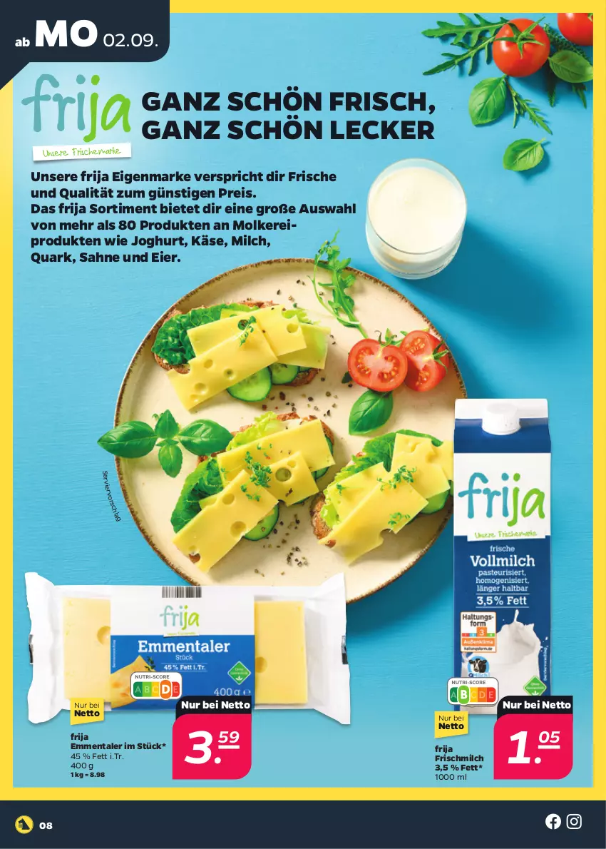 Aktueller Prospekt Netto - Woche 36 - von 02.09 bis 07.09.2024 - strona 8 - produkty: eier, eis, emmentaler, joghur, joghurt, Käse, milch, molkereiprodukte, quark, reis, sahne, Ti