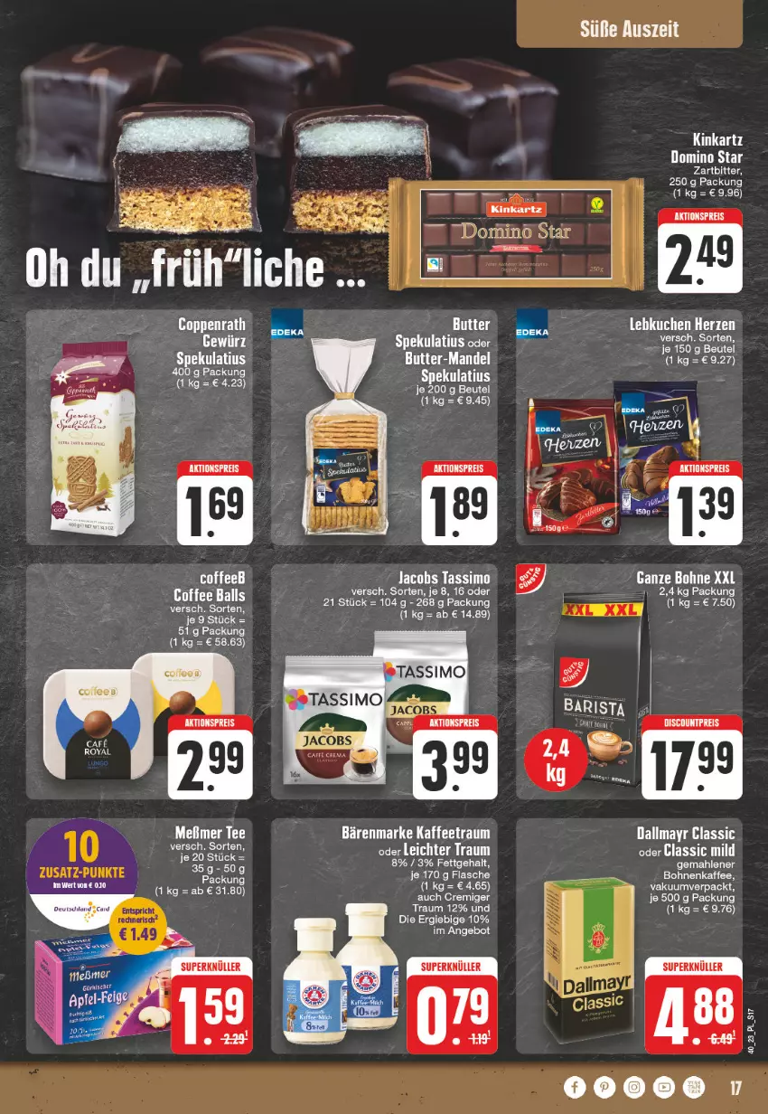 Aktueller Prospekt E Center - Angebote der Woche - von 02.10 bis 07.10.2023 - strona 17 - produkty: aktionspreis, angebot, bärenmarke, beutel, bohne, bohnen, bohnenkaffee, butter, dallmayr, discount, eis, flasche, gemahlener bohnenkaffee, jacobs, jacobs tassimo, kaffee, mandel, reis, sim, tassimo, Ti