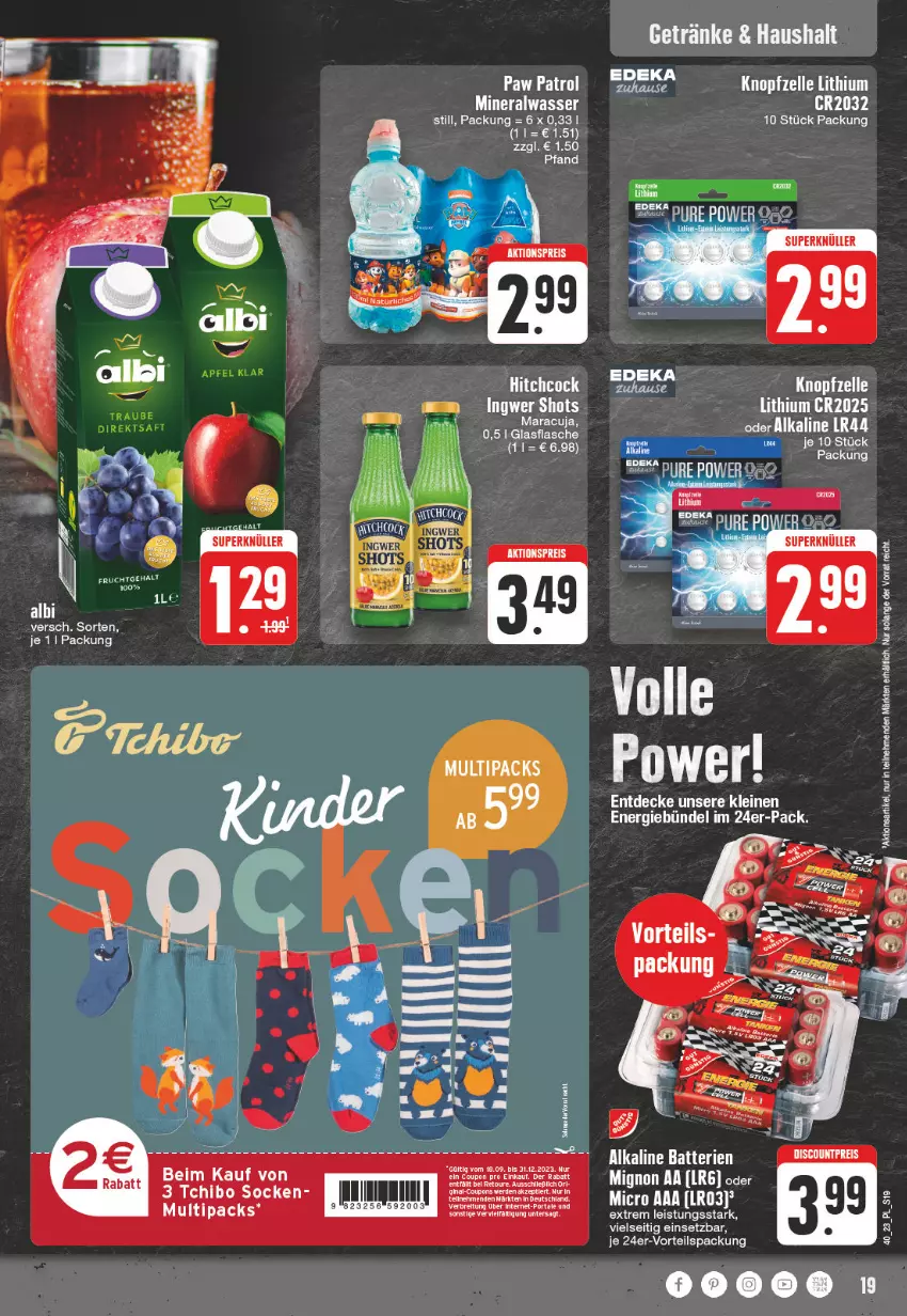 Aktueller Prospekt E Center - Angebote der Woche - von 02.10 bis 07.10.2023 - strona 19 - produkty: Alwa, batterie, batterien, Brei, coupon, coupons, decke, direktsaft, eis, erde, flasche, getränk, getränke, gin, glasflasche, hipp, leine, maracuja, mineralwasser, Mineralwasser Still, reis, saft, socken, Tchibo, tee, Ti, wasser