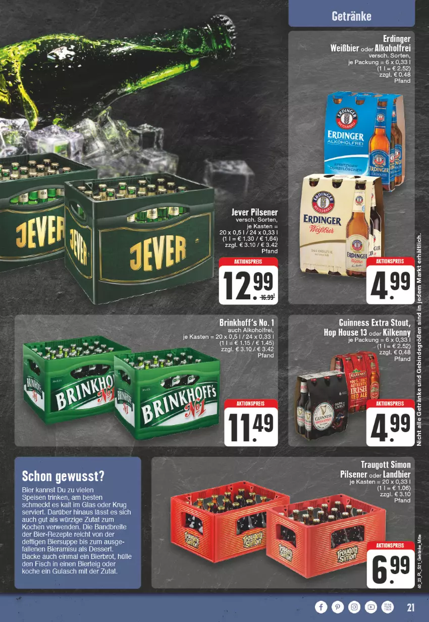 Aktueller Prospekt E Center - Angebote der Woche - von 02.10 bis 07.10.2023 - strona 21 - produkty: alkohol, bier, erdinger, getränk, getränke, Guinness, Kilkenny, sim, tee