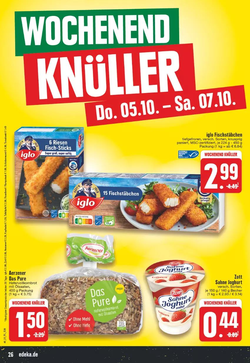 Aktueller Prospekt E Center - Angebote der Woche - von 02.10 bis 07.10.2023 - strona 26 - produkty: Becher, beef, brot, deka, eis, filet, fisch, fischstäbchen, hafer, iglo, joghur, joghurt, kopfsalat, korn, Kornbrot, reis, roastbeef, saft, sahne, sahne joghurt, salat, tafeläpfel, Ti, vollkornbrot, zott, ZTE