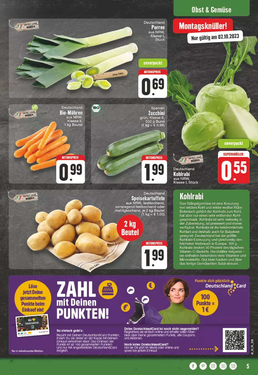 Aktueller Prospekt E Center - Angebote der Woche - von 02.10 bis 07.10.2023 - strona 5 - produkty: alle coupons, beutel, bio, coupon, coupons, decke, deutschlandcard, eis, elle, kartoffel, kartoffeln, kohlrabi, lebensmittel, LG, mac, mehl, möhren, Rauch, reis, salat, speisekartoffeln, Ti, vita, Vitamine, Wild, zucchini