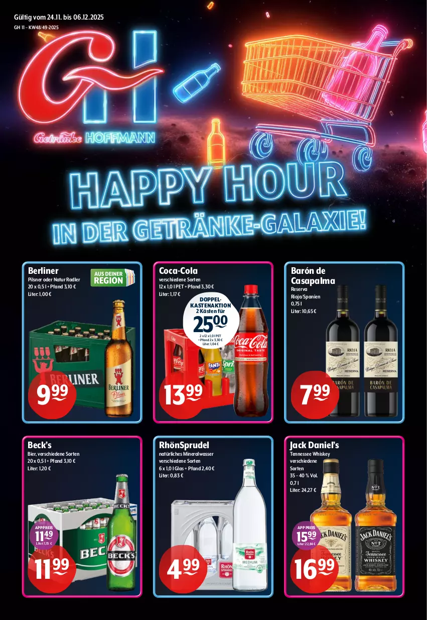 Aktueller Prospekt Getraenke Hoffmann - Prospekte - von 24.11 bis 06.12.2025 - strona 1 - produkty: Alwa, berliner, bier, coca-cola, cola, eis, jack daniel, Jack Daniel’s, mineralwasser, natur, natur radler, natürliches mineralwasser, pils, pilsner, radler, reis, RhönSprudel, rioja, Sprudel, tennessee whiskey, Ti, wasser, whiskey