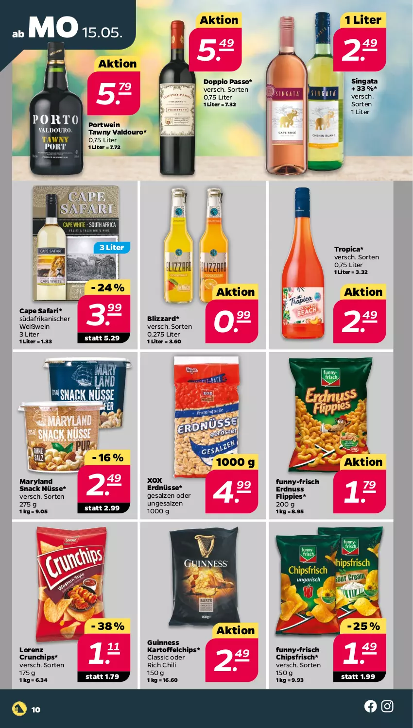 Aktueller Prospekt Netto - Woche 20 - von 15.05 bis 20.05.2023 - strona 10 - produkty: Blizzard, Cap, chili, chips, chipsfrisch, crunchips, doppio passo, erdnuss, erdnüsse, flippies, funny-frisch, Guinness, kartoffel, kartoffelchips, lorenz, lorenz crunchips, nuss, passo, Portwein, salz, snack, Ti, valdo, wein, Weißwein