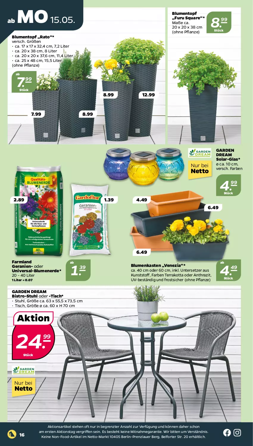 Aktueller Prospekt Netto - Woche 20 - von 15.05 bis 20.05.2023 - strona 16 - produkty: auer, blume, blumen, blumenerde, erde, geranie, geranien, pflanze, stuhl, Ti, tisch, topf, Untersetzer, ZTE