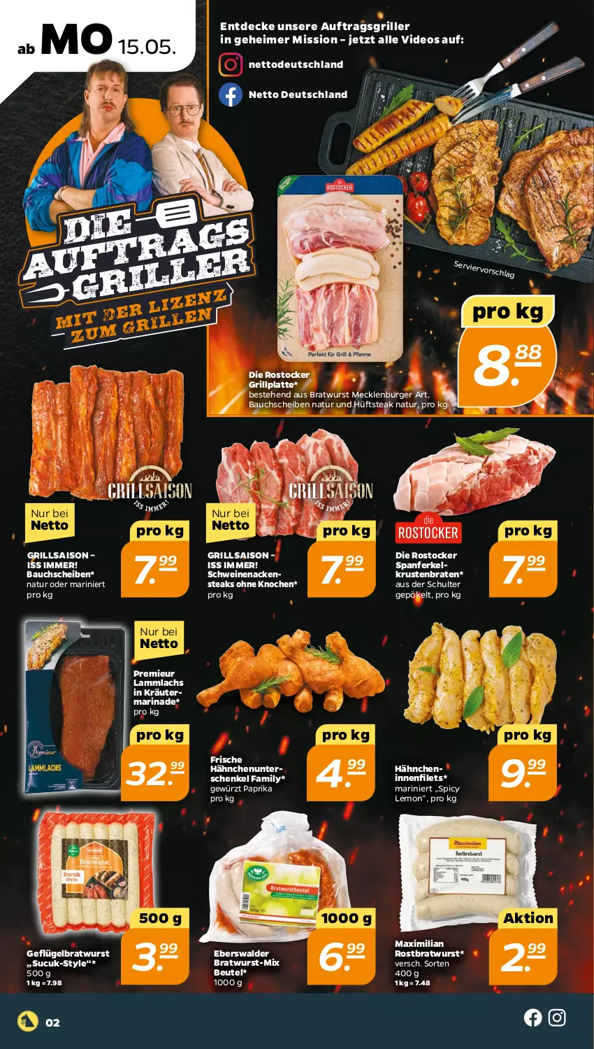 Aktueller Prospekt Netto - Woche 20 - von 15.05 bis 20.05.2023 - strona 2 - produkty: Bau, bauchscheiben, beutel, braten, bratwurst, burger, decke, deo, eimer, filet, filets, Frische Hähnchen, Geflügel, gewürz, grill, grillplatte, henkel, hüftsteak, kräuter, krustenbraten, lachs, lamm, latte, marinade, Nackensteak, nackensteaks, natur, paprika, rostbratwurst, Rostocker, schenkel, schwein, schweine, schweinenacken, steak, steaks, Sucuk, Ti, wein, weine, wurst