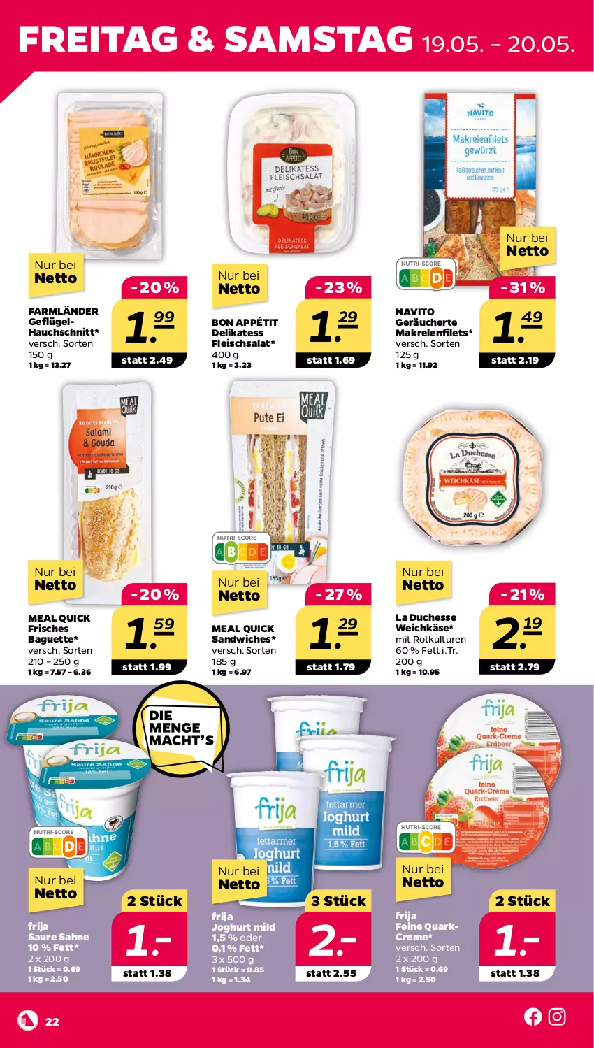 Aktueller Prospekt Netto - Woche 20 - von 15.05 bis 20.05.2023 - strona 22 - produkty: baguette, creme, eis, filet, filets, fleisch, fleischsalat, Geflügel, joghur, joghurt, joghurt mild, Käse, Makrele, Makrelenfilets, quark, rel, sahne, salat, sandwich, Ti, weichkäse