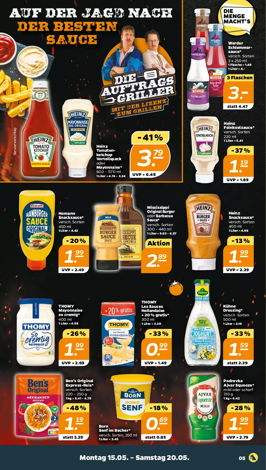 Aktueller Prospekt Netto - Woche 20 - von 15.05 bis 20.05.2023 - strona 5 - produkty: Ajvar, barbecue, Becher, Ben’s Original, burger, dressing, eis, erde, express-reis, feinkost, flasche, gin, heinz, hollandaise, homann, ketchup, Kühne, mayonnaise, reis, sauce, schlemmersauce, senf, snack, snacks, thomy, thomy les sauces, Ti, tomate, tomaten, tomatenketchup, Yo