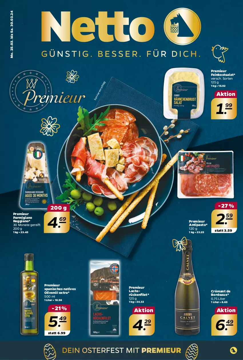 Aktueller Prospekt Netto - Woche 13 - von 25.03 bis 30.03.2024 - strona 1 - produkty: feinkost, filet, lachs, natives olivenöl, olive, oliven, olivenöl, olivenöl extra, parmigiano, parmigiano reggiano, reggiano, salat, Ti