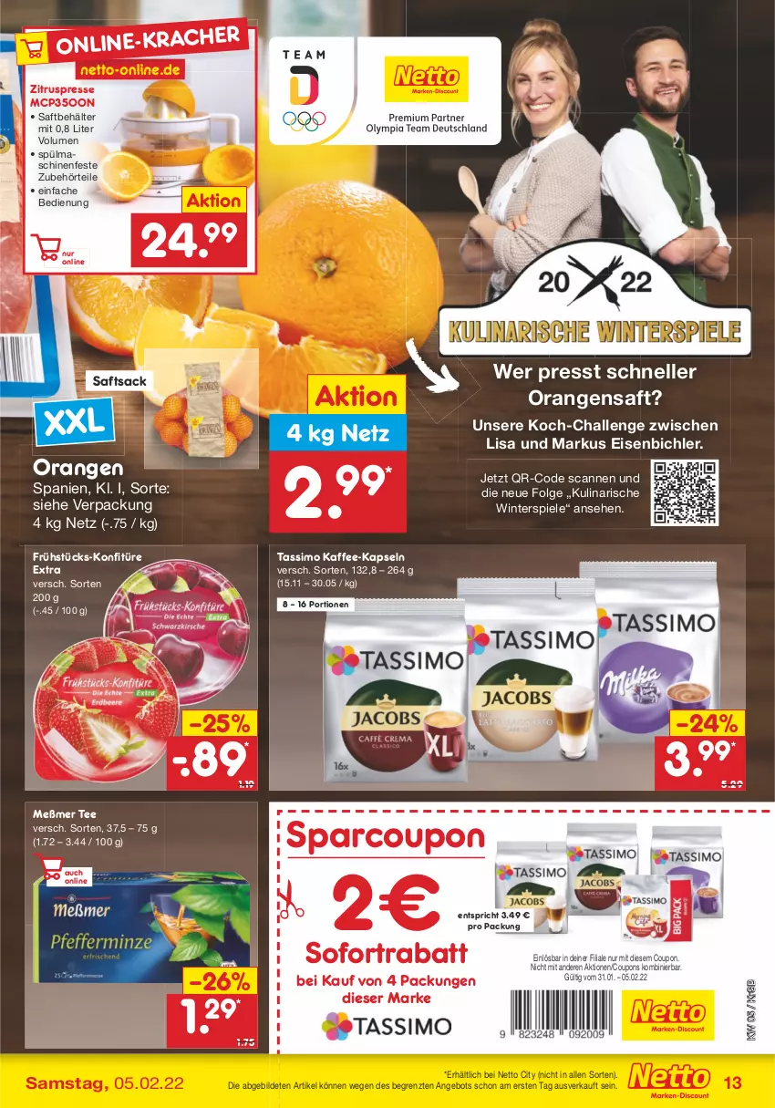 Aktueller Prospekt Netto Marken-Discount - Filial-Angebote - von 31.01 bis 05.02.2022 - strona 13 - produkty: angebot, Behälter, coupon, coupons, eis, elle, kaffee, kaffee-kapseln, konfitüre, konfitüre extra, LG, Meßmer, orange, orangen, orangensaft, sac, saft, sim, sofortrabatt, Spiele, spülmaschinen, tassimo, tee, Ti, Zitruspresse, ZTE