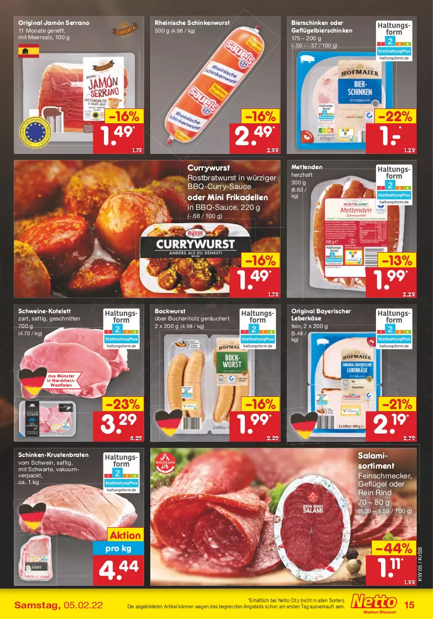 Aktueller Prospekt Netto Marken-Discount - Filial-Angebote - von 31.01 bis 05.02.2022 - strona 15 - produkty: angebot, bbq-sauce, bier, bierschinken, bockwurst, braten, bratwurst, buch, curry, currywurst, dell, elle, feinschmecker, frikadellen, Geflügel, gin, Holz, jamón serrano, Käse, kotelett, krustenbraten, leberkäs, leberkäse, meersalz, Mett, metten, Mettenden, rind, rostbratwurst, saft, salami, salz, sauce, schinken, schinkenwurst, schnitten, schwein, schweine, serrano, Ti, wein, weine, wurst, ZTE