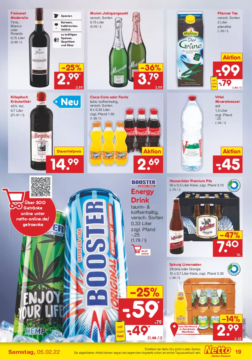 Aktueller Prospekt Netto Marken-Discount - Filial-Angebote - von 31.01 bis 05.02.2022 - strona 19 - produkty: Alwa, angebot, auer, coca-cola, cola, dauertiefpreis, drink, eis, energy drink, fanta, freixenet, getränk, getränke, grill, hasseröder, jahrgangssekt, Käse, kräuter, kräuterlikör, likör, limo, limonade, limonaden, mineralwasser, mumm, orange, pfanne, Pfanner, pils, premium pils, reis, rotwein, sekt, tee, Ti, tiefpreis, vittel, wasser, wein, zitrone, ZTE