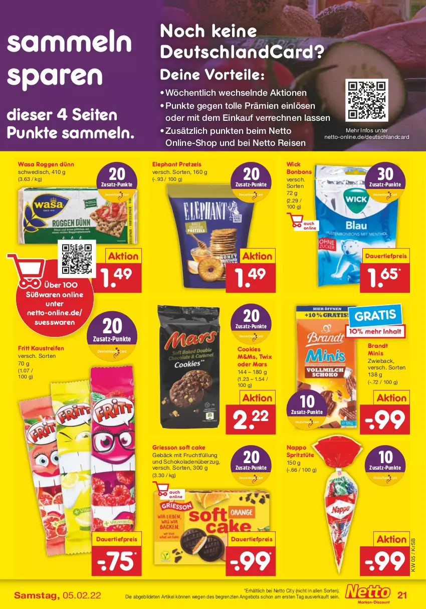 Aktueller Prospekt Netto Marken-Discount - Filial-Angebote - von 31.01 bis 05.02.2022 - strona 21 - produkty: angebot, auer, aust, bonbons, brandt, cookie, cookies, dauertiefpreis, deutschlandcard, eis, frucht, griesson, Kaustreifen, mars, mit frucht, Pretzel, reifen, reis, schoko, schokolade, schokoladen, Ti, tiefpreis, Tüte, twix, wasa, WICK, ZTE