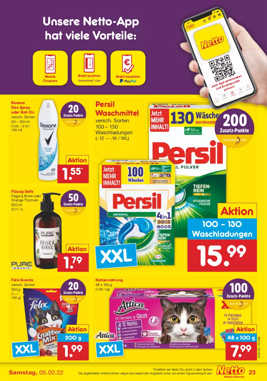 Aktueller Prospekt Netto Marken-Discount - Filial-Angebote - von 31.01 bis 05.02.2022 - strona 23 - produkty: angebot, coupon, coupons, deo, deo spray, deutschlandcard, felix, katzennahrung, orange, persil, persil waschmittel, rexona, roll-on, Seife, snack, snacks, Ti, waschmittel, ZTE