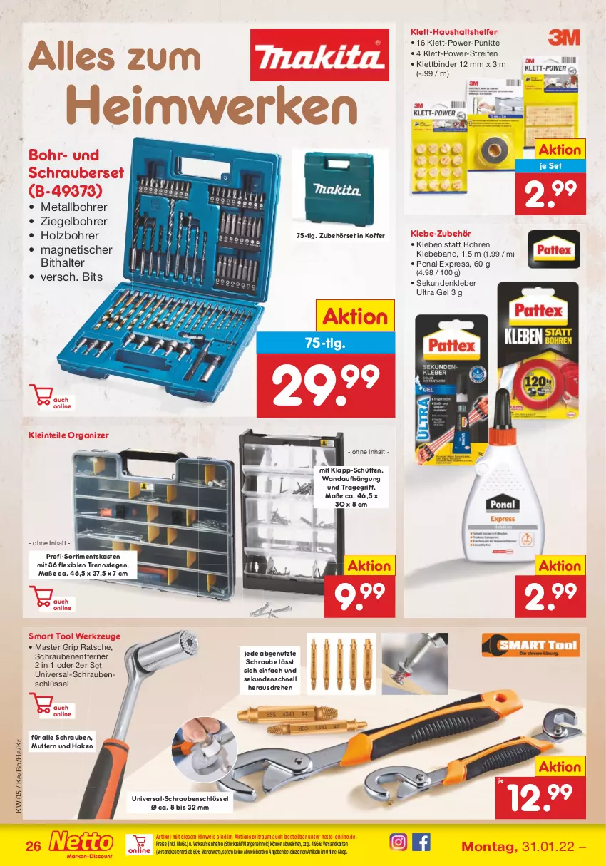 Aktueller Prospekt Netto Marken-Discount - Filial-Angebote - von 31.01 bis 05.02.2022 - strona 26 - produkty: Beba, eis, Holz, kleber, koffer, LG, ndk, reifen, reis, schrauben, Ti, tisch, tragegriff, versandkostenfrei, werkzeug, werkzeuge, ZTE