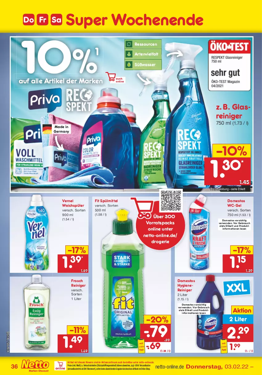 Aktueller Prospekt Netto Marken-Discount - Filial-Angebote - von 31.01 bis 05.02.2022 - strona 36 - produkty: domestos, eis, Frosch, Germ, Glasreiniger, ndk, Rauch, reiniger, reis, rwe, spülmittel, Ti, vernel, versandkostenfrei, wasser, wc-gel, weichspüler