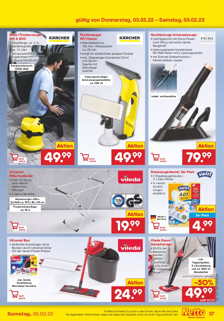 Aktueller Prospekt Netto Marken-Discount - Filial-Angebote - von 31.01 bis 05.02.2022 - strona 37 - produkty: akku, angebot, Becher, Behälter, beutel, bürste, bürsten, dampfreiniger, deo, eimer, eis, erde, fenster, fenstersauger, flasche, Germ, Glasreiniger, kraft, leine, Messbecher, mikrofaser, mit mikrofaserwischer, papier, perlen, rama, Rauch, reifen, reiniger, ring, Salsa, sprühflasche, staubsauger, staubsaugerbeutel, teppich, Ti, Trockensauger, vileda, waschmaschine, waschmaschinen, wasser, ZTE