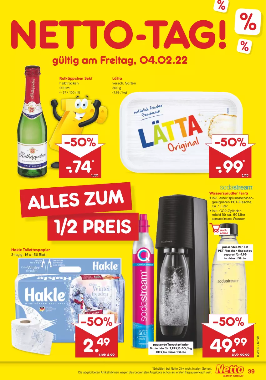 Aktueller Prospekt Netto Marken-Discount - Filial-Angebote - von 31.01 bis 05.02.2022 - strona 39 - produkty: angebot, eis, flasche, hakle, hakle toilettenpapier, lätta, papier, pet-flasche, pet-flaschen, reis, rotkäppchen, sekt, Sprudel, spülmaschinen, Ti, toilettenpapier, wasser, wassersprudler, ZTE