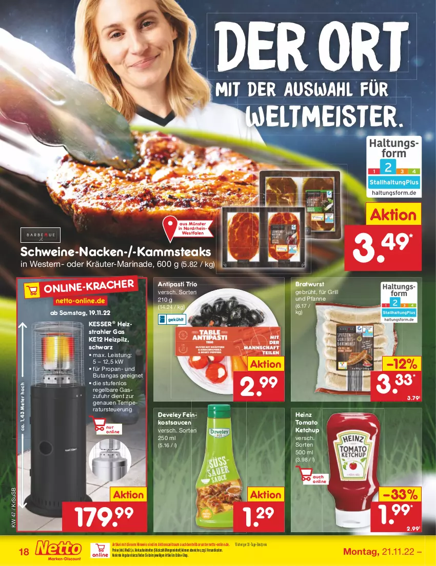 Aktueller Prospekt Netto Marken-Discount - Filial-Angebote - von 21.11 bis 26.11.2022 - strona 18 - produkty: antipasti, asti, bestpreis, bratwurst, develey, eis, feinkost, für grill und pfanne, grill, grill und pfanne, heinz, ketchup, kräuter, marinade, Meister, ndk, oder kräuter, pfanne, reis, sauce, saucen, schwein, schweine, steak, steaks, Ti, tomato ketchup, uhr, und pfanne, usb, wein, weine, Weste, wurst