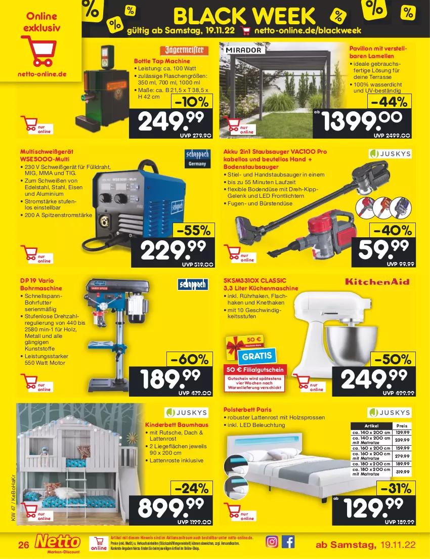 Aktueller Prospekt Netto Marken-Discount - Filial-Angebote - von 21.11 bis 26.11.2022 - strona 26 - produkty: akku, angebot, angebote, Bau, beleuchtung, bett, beutel, black week, bodenstaubsauger, bürste, bürsten, Draht, edelstahl, eis, elle, flasche, gutschein, handstaubsauger, Holz, Kinder, Kinderbett, küche, Küchen, küchenmaschine, lack, latte, lattenrost, LG, Liege, mac, matratze, ndk, pavillon, polsterbett, Rauch, reis, staubsauger, Ti, tisch, wasser