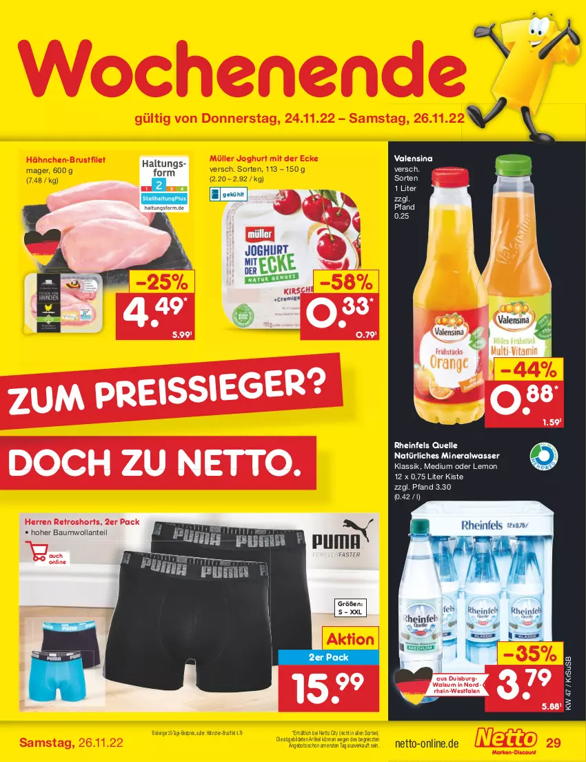 Aktueller Prospekt Netto Marken-Discount - Filial-Angebote - von 21.11 bis 26.11.2022 - strona 29 - produkty: Alwa, angebot, Bau, bestpreis, brustfilet, eis, elle, filet, hähnchen-brustfilet, joghur, joghurt, joghurt mit der ecke, mineralwasser, Müller, natürliches mineralwasser, reis, retroshorts, rheinfels quelle, shorts, Ti, usb, valensina, wasser, ZTE