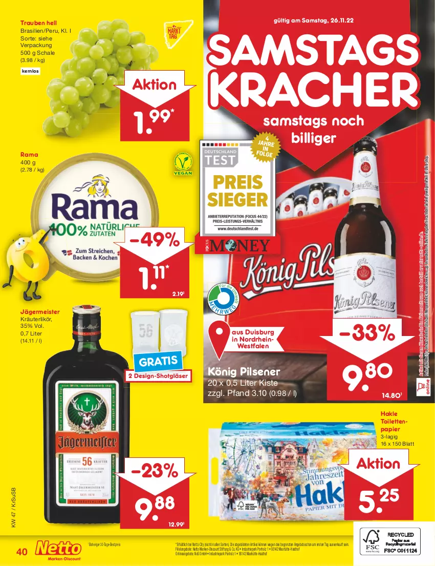 Aktueller Prospekt Netto Marken-Discount - Filial-Angebote - von 21.11 bis 26.11.2022 - strona 40 - produkty: angebot, angebote, bestpreis, discount, eis, Germ, Gläser, hakle, hakle toilettenpapier, Holz, jägermeister, könig pilsener, kracher, kräuter, kräuterlikör, likör, marken-discount, Meister, ndk, papier, pils, pilsener, rama, reis, Schal, Schale, Ti, toilettenpapier, trauben, usb, ZTE