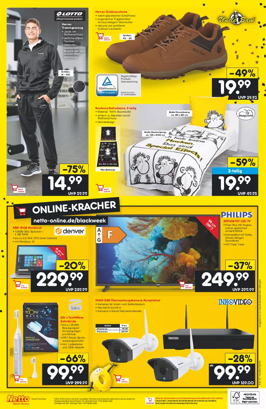 Aktueller Prospekt Netto Marken-Discount - Filial-Angebote - von 21.11 bis 26.11.2022 - strona 42 - produkty: adapter, angebot, angebote, Anzug, asti, Bau, baumwolle, bestpreis, bett, bettwäsche, bürste, celeron, decke, discount, eis, gin, hd triple tuner, Holz, hose, Intel, Jacke, kamera, Kameras, kissen, Kissenbezug, lack, marken-discount, ndk, notebook, reis, renforcé-bettwäsche, Ria, schuhe, soundbar, ssd, Tasche, taschen, Ti, tisch, trainingsanzug, tuner, usb, wasser, wolle, zahnbürste, ZTE